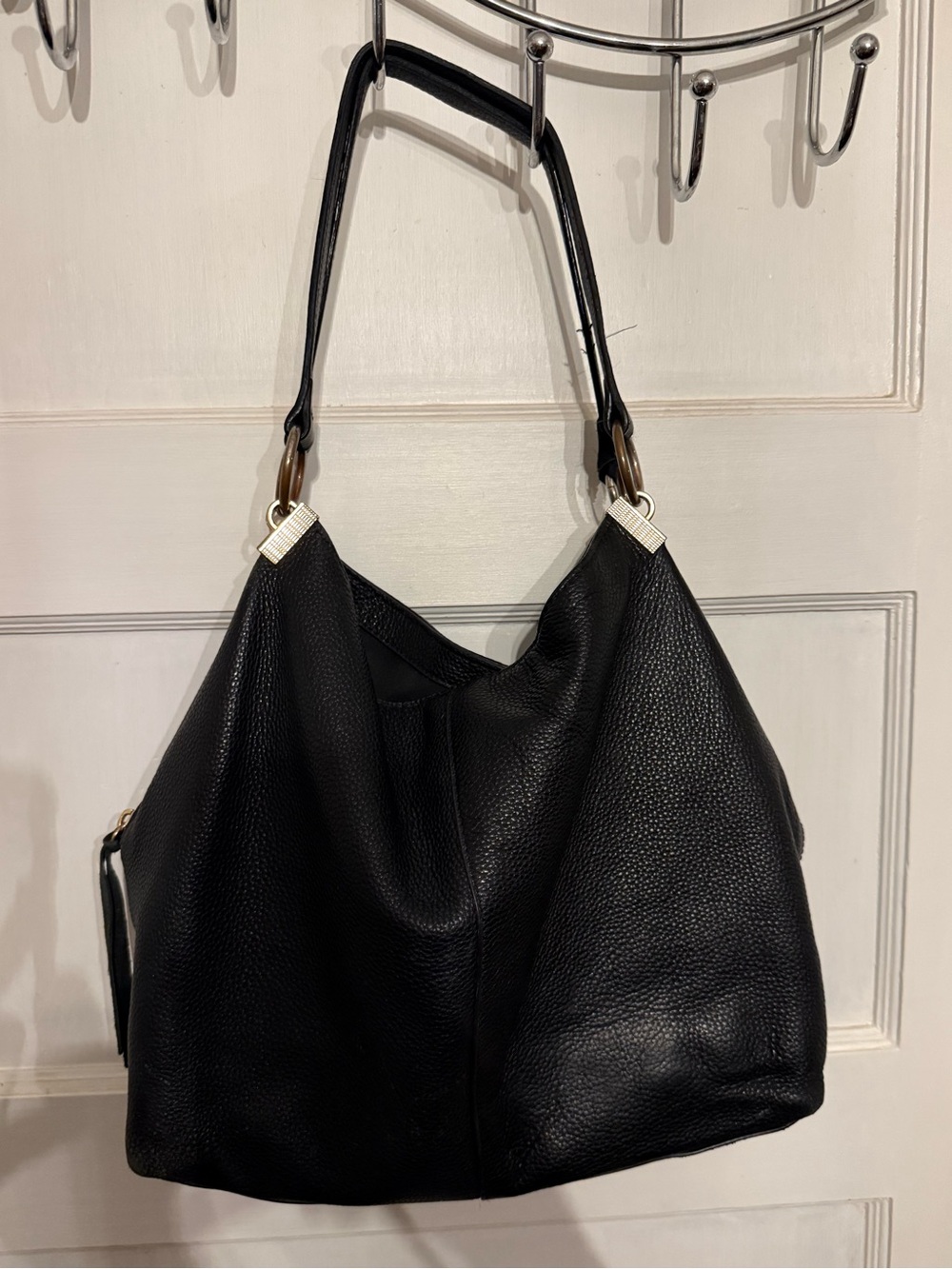 Vince Camuto Rayna Black Pebbled Leather Shoulder Bag with Gold Hardware